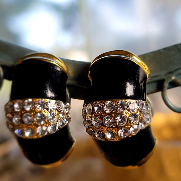 Black and Gold Enamel Clip-On Earrings with Rhinestones - Picture 1 of 10